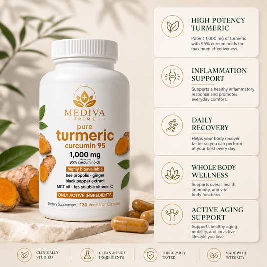 Mediva Prime pure turmeric curcumin 95 supplement bottle with features listed on a light background